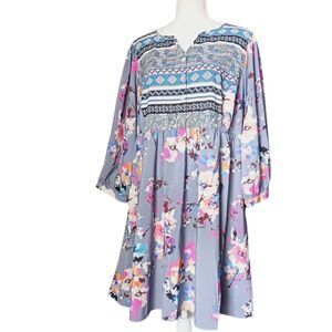 Bohemian Gray & Blue Multi Floral Print Dress Button Front Big Sleeves.